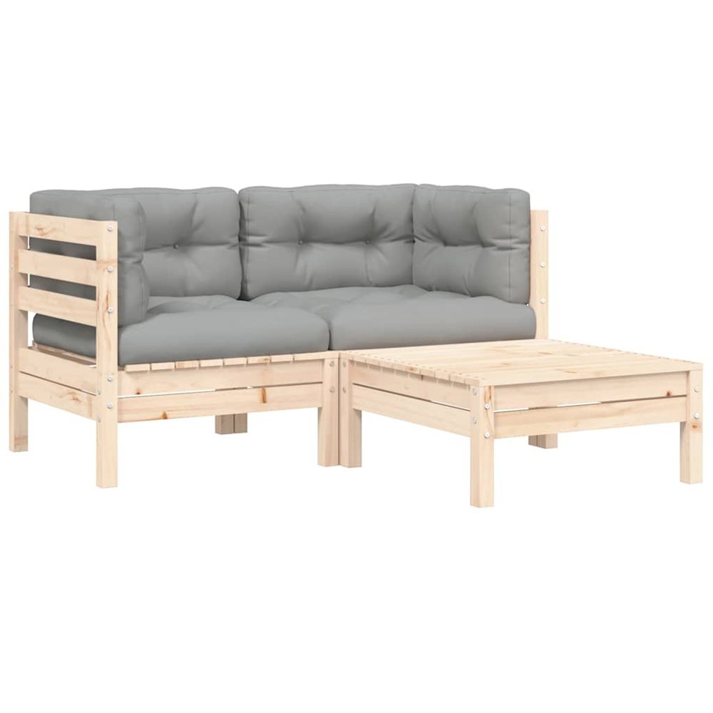 Salon de jardin 3 pcs avec coussins gris bois de pin massif