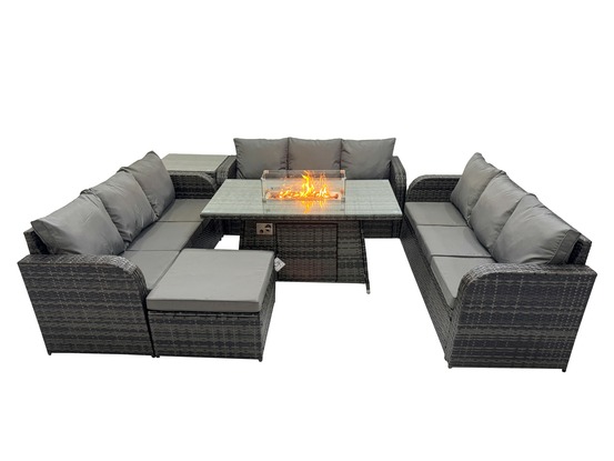 Salon de jardin en résine ensemble repas de jardin exterieur table de foyer à gaz avec table d'appoint canapé 3 places tabouret