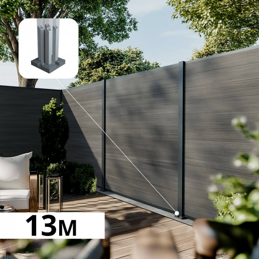 Kit clôture composite cruz ardoise 13x1,8m - bois composite & aluminium - poteaux sur platines gris - brise vue - palissade