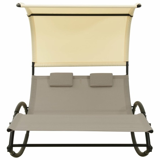 Chaise longue double avec auvent textilène taupe et crème