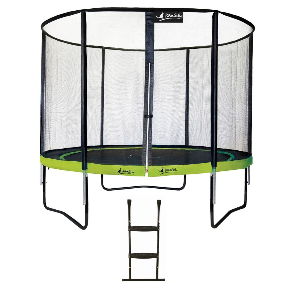 Trampoline de jardin rond 305 cm + filet de sécurité + échelle | punchi vert 300