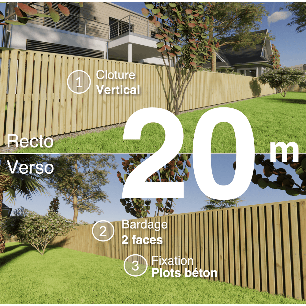 Kit clôture bois moderne 20m – h 0,9m – 45 x 45 mm autoclave – pose vertical – double face – à sceller