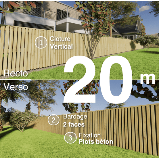 Kit clôture bois moderne 20m – h 0,9m – 45 x 45 mm autoclave – pose vertical – double face – à sceller