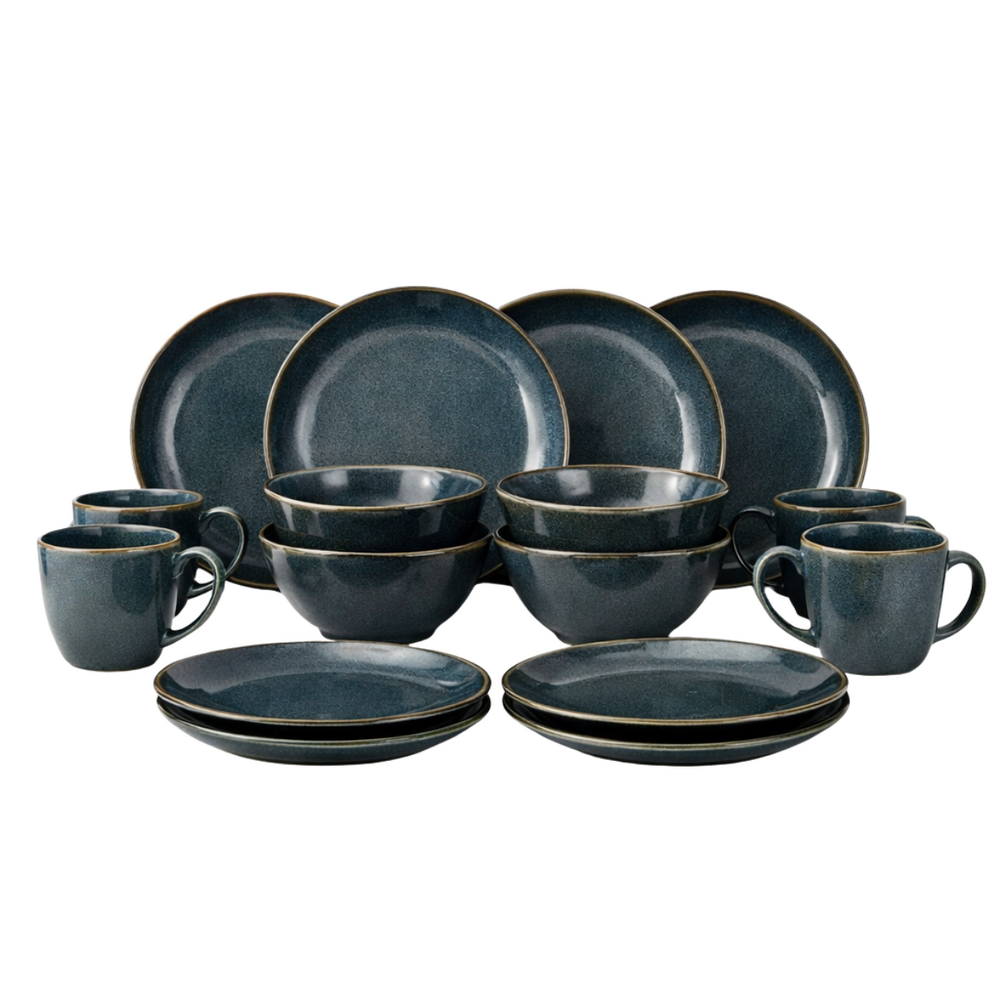 Mica decorations racco service de table pour 4 personnes – vaisselle en grès avec assiettes, bols et tasses à café – gris foncé