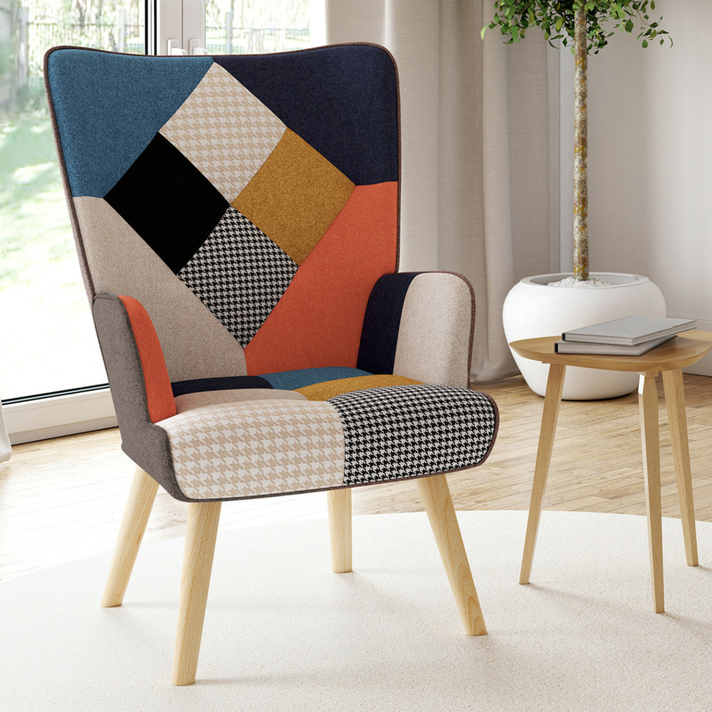 Fauteuil scandinave ivar en tissu patchwork multicouleurs et imprimé pied de poule