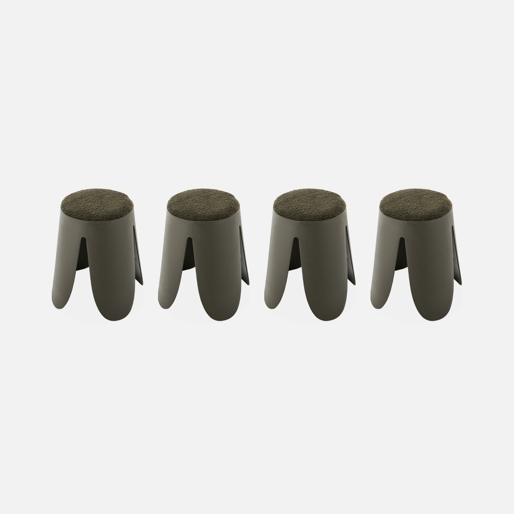Set de 4 tabourets empilables kaki foncé. Bouclette texturée. Niki. Ø30 / 44 x h46cm