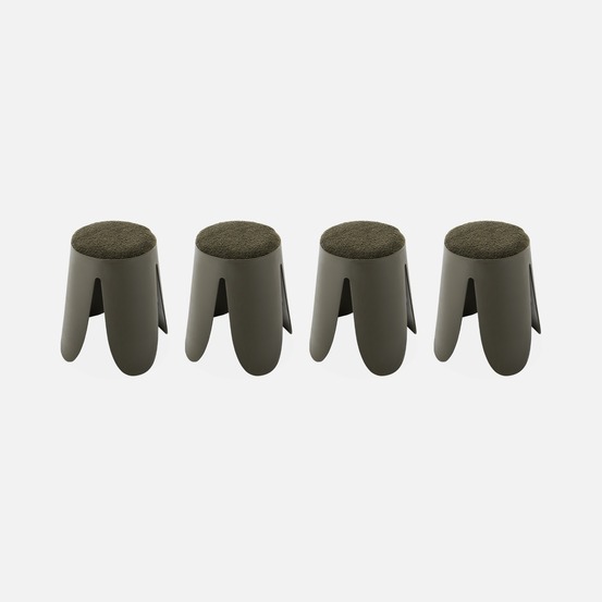 Set de 4 tabourets empilables kaki foncé. Bouclette texturée. Niki. Ø30 / 44 x h46cm