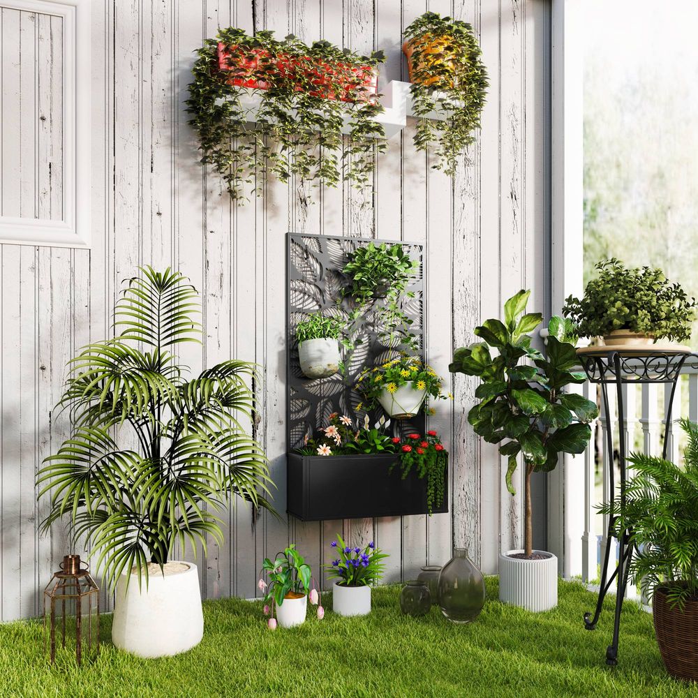Jardinière avec treillis en métal panneau d'intimité pour balcon 61x23x113 cm noir