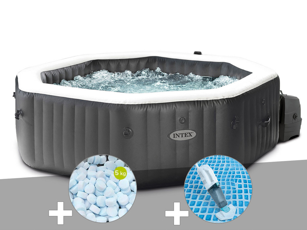 Kit spa gonflable purespa carbone octogonal bulles et jets 4 places + 5 kg de s