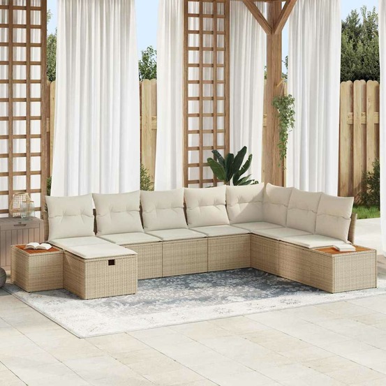 Ensemble de canapé de jardin avec coussin 9 pcs beige polyrotin