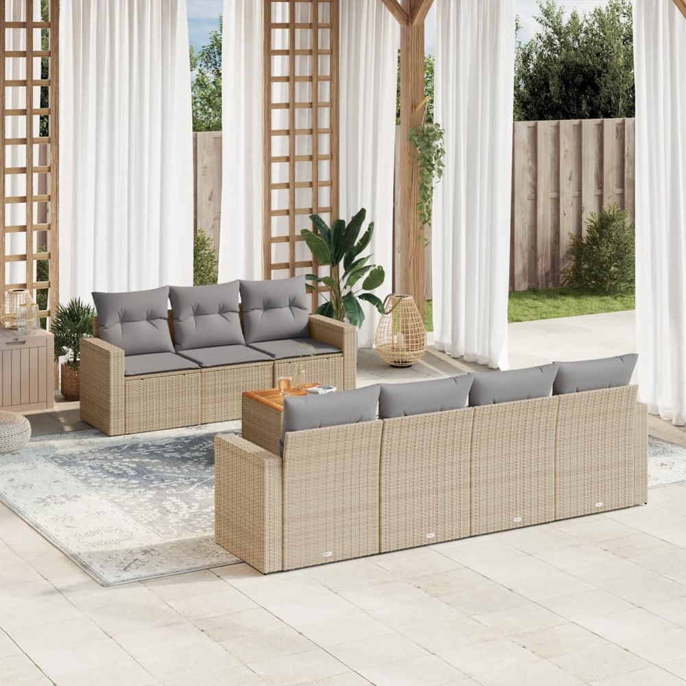 Salon de jardin avec coussins 8 pcs beige résine tressée