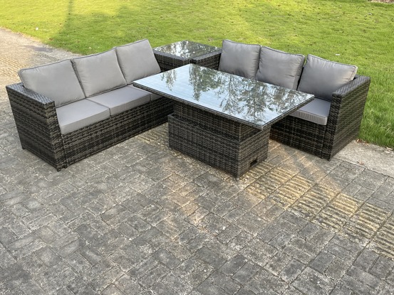 6 places extérieur en rotin canapé set réglable ascenseur table à manger thé table basse gris foncé