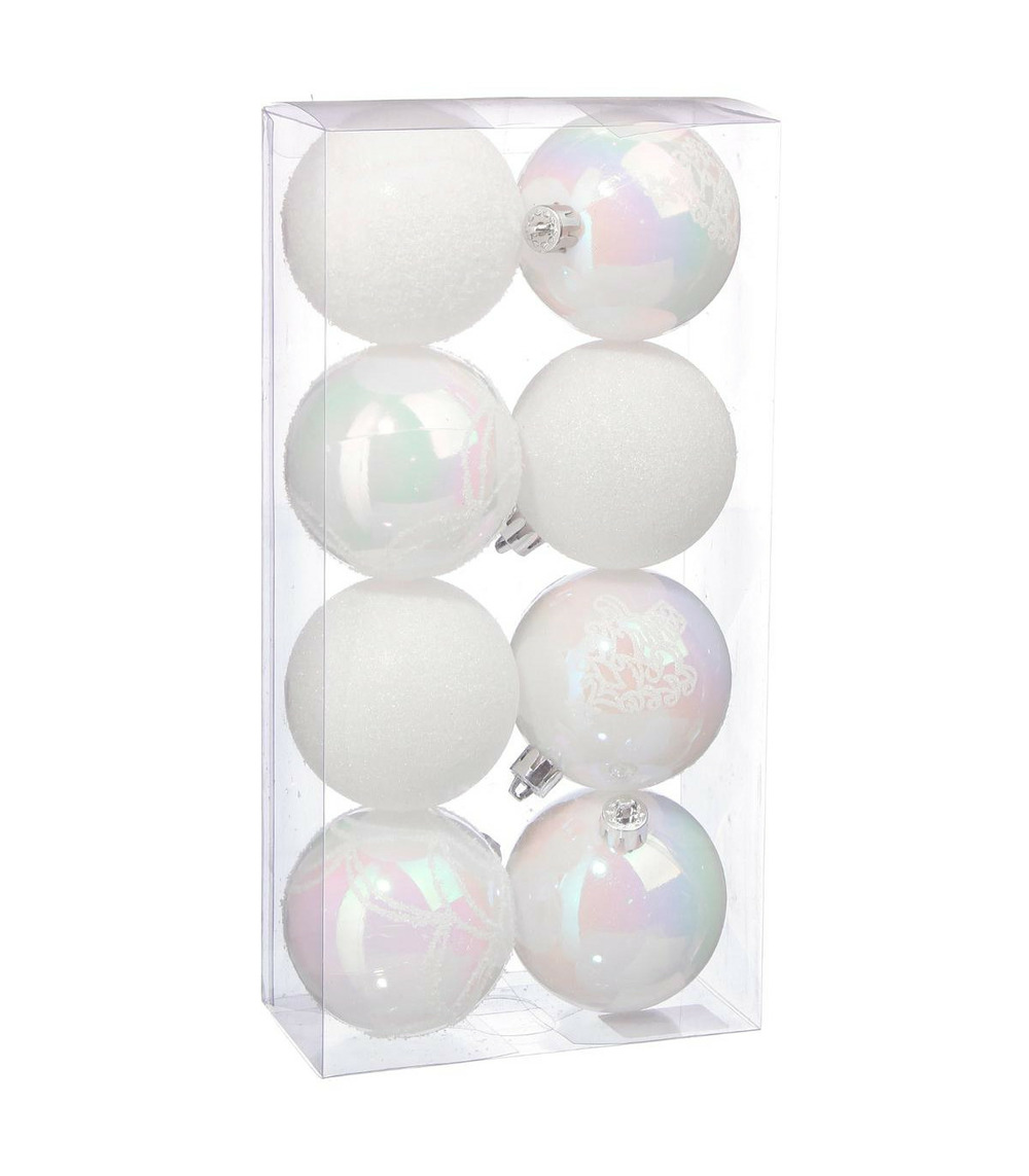 Déco de sapin lot de 8 boules de noël d 7 cm - blanc et neige