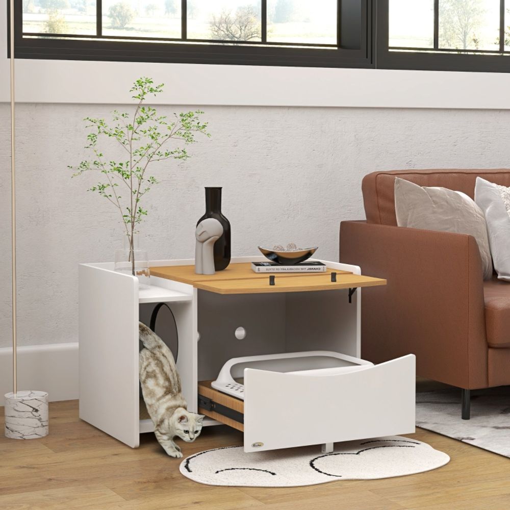 Meuble cache-litière chat bois design tiroir coulissant 78x50x51cm chêne blanc