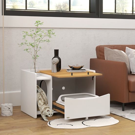 Meuble cache-litière chat bois design tiroir coulissant 78x50x51cm chêne blanc