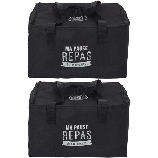 Lunch bag fraicheur 2.6 litres (lot de 2) noir inscription <<ma pause repas>>