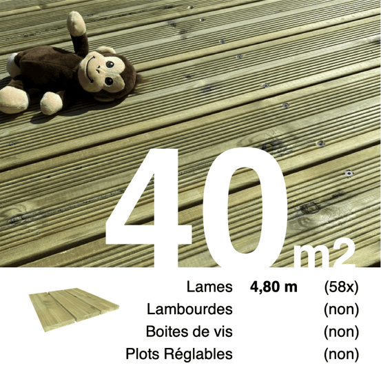 Planches de terrasse pin autoclave vert pour 40 m², longueur 4,8 m.