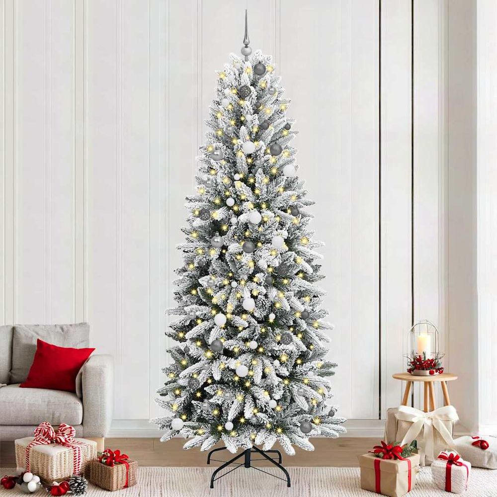 Arbre de noël artificiel floqué haut de 240 cm, kit tout-en-un blanc avec lumières et boules