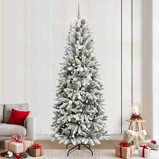 Arbre de noël artificiel floqué haut de 240 cm, kit tout-en-un blanc avec lumières et boules