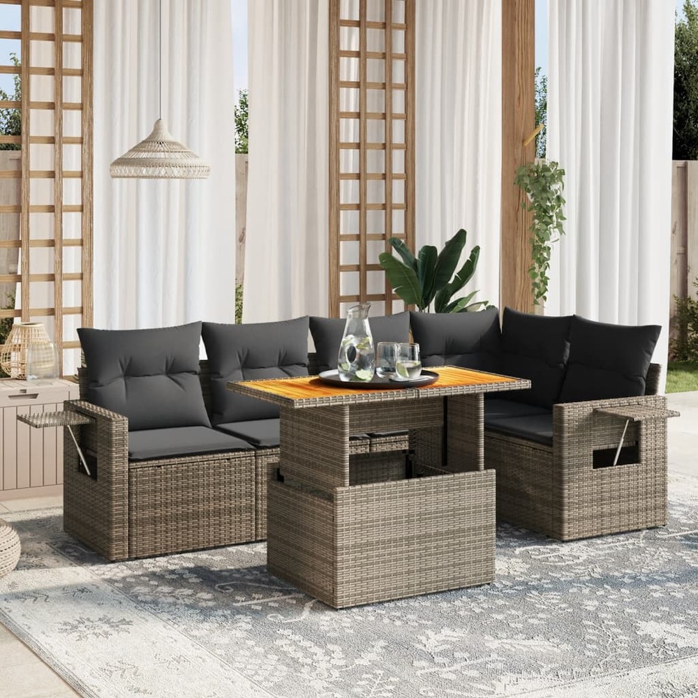 Salon de jardin 6 pcs avec coussins gris résine tressée