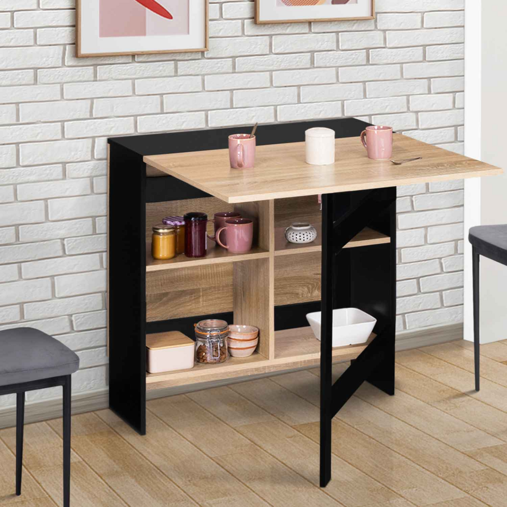 Table console pliable edi 2-6 personnes avec rangements bois noir plateau façon hêtre 150 x 80 cm
