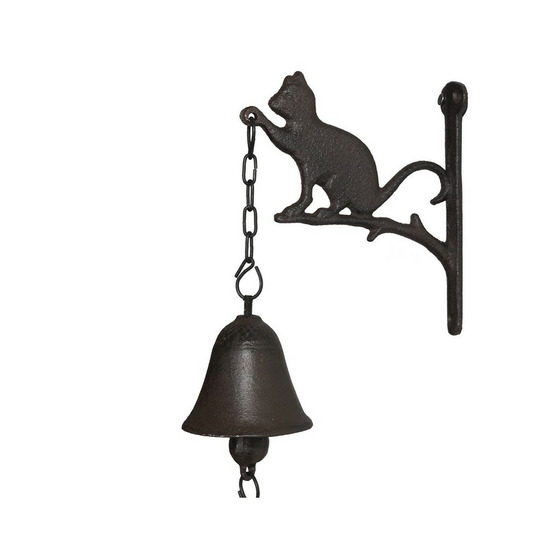 Cloche de jardin de porte ancienne chat en fonte marron 16 x 23 cm