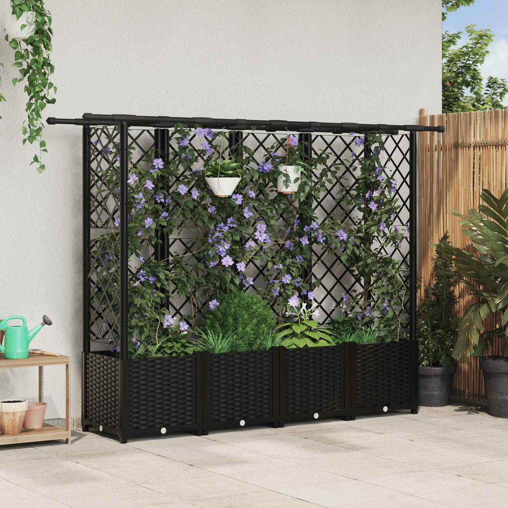 Lit potager surélevé treillis pp jardin support plantes toit plat 202x40x136cm noir
