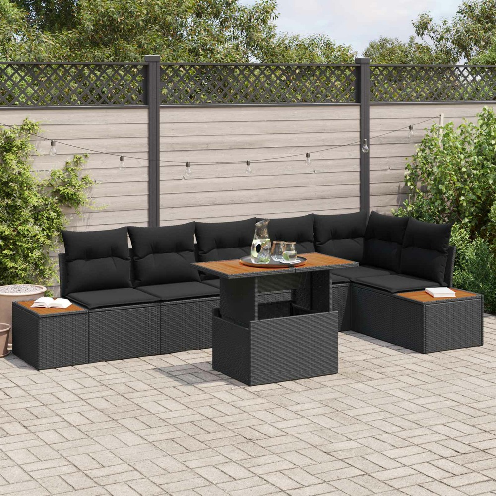 Ensemble de canapé de jardin 7 pcs noir poly rotin