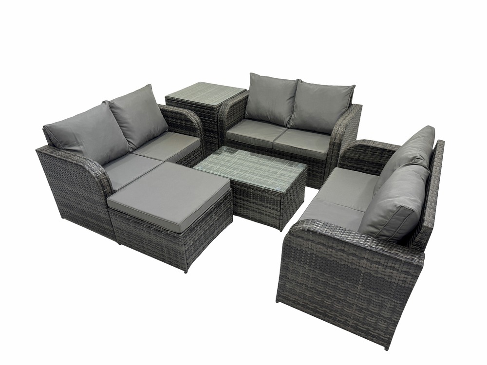 Ensemble de meubles de jardin en polyrotin 7 places avec table basse rectangulaire canapé d'amour grand tabouret table d'appoint