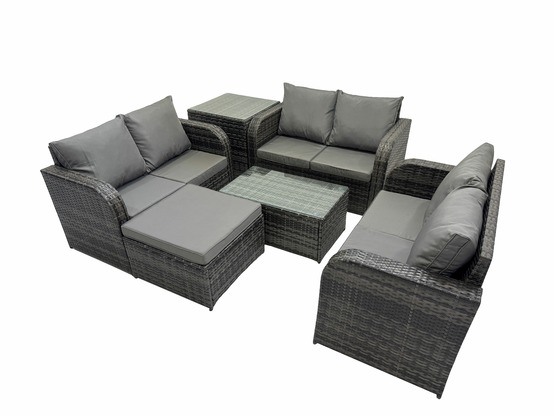 Ensemble de meubles de jardin en polyrotin 7 places avec table basse rectangulaire canapé d'amour grand tabouret table d'appoint