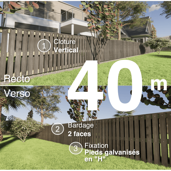 Kit clôture bois moderne 40m – h 0,9m – 20 x 70 mm noir par trempage – pose vertical – double face – support galva