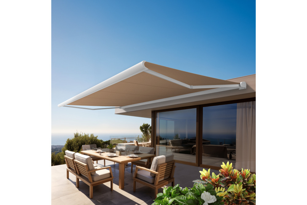 Store banne coffre intégral protect 2 led blanc 6x3,5m motorisé à  télécommande + eclairage led - toile taupe