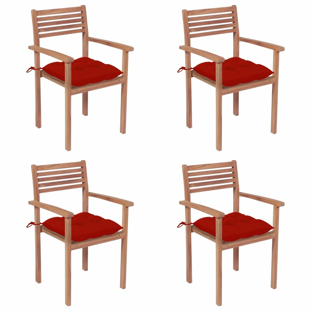 Chaises de jardin 4 pcs avec coussins rouge bois de teck solide