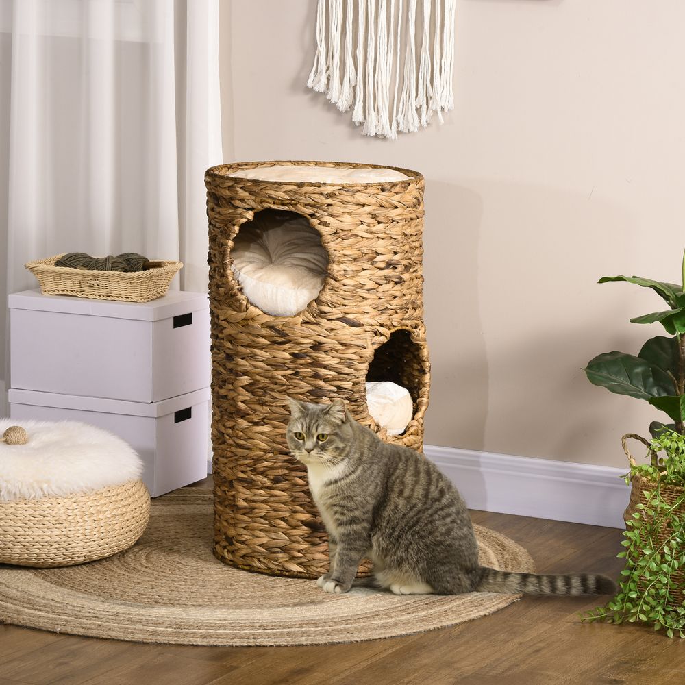 Tour pour chat en fibre végétale tressée 40 x 40 x 73 cm brun crème 3 niches avec coussins et plateforme