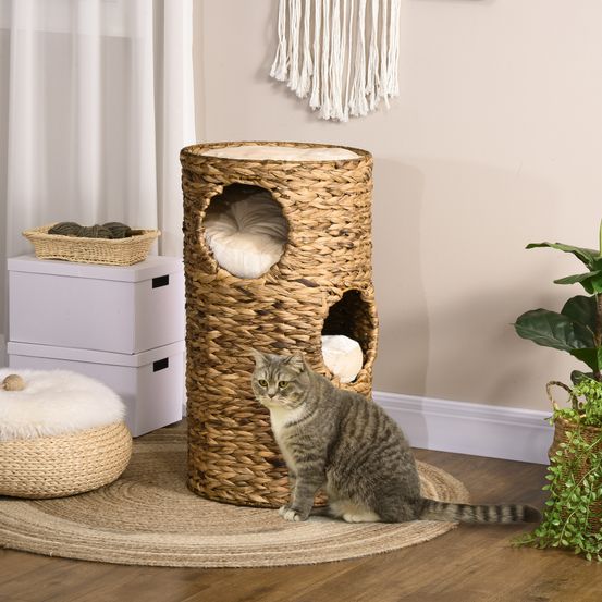 Tour pour chat en fibre végétale tressée 40 x 40 x 73 cm brun crème 3 niches avec coussins et plateforme