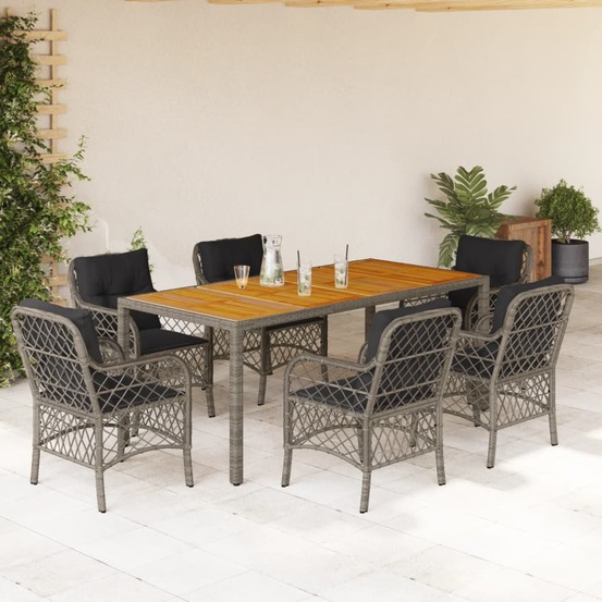 Ensemble à manger de jardin et coussins 7 pcs gris rotin