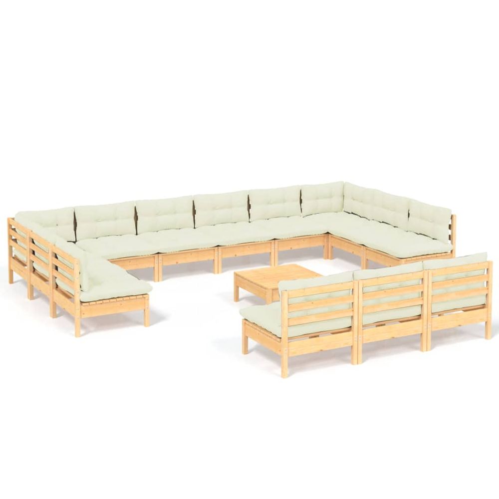 Salon de jardin 14 pcs avec coussins crème bois de pin solide