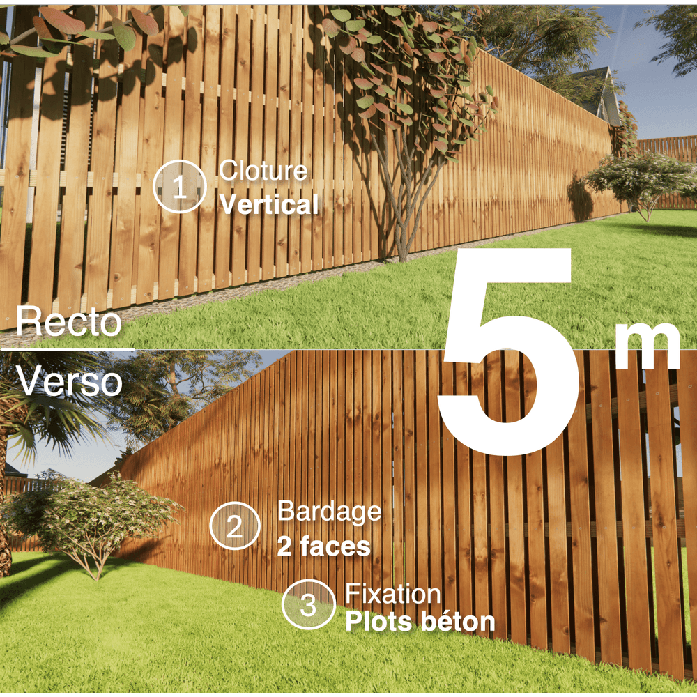 Kit clôture bois moderne 5m – h 2,3m – 20 x 70 mm autoclave marron – pose vertical – double face – à sceller
