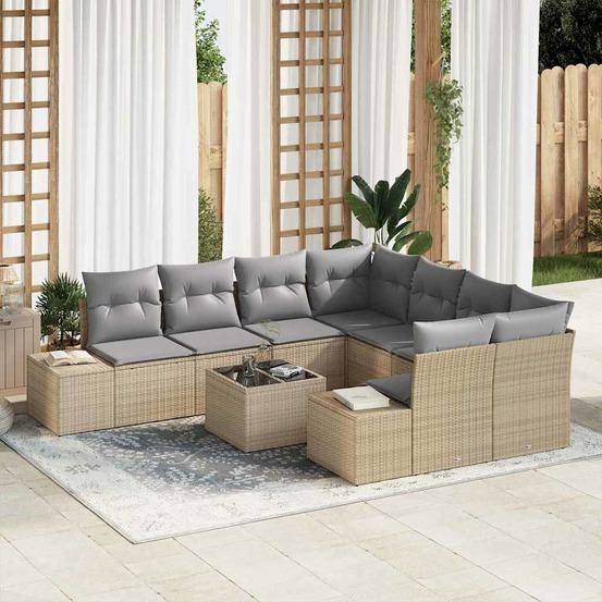 Ensemble de canapé de jardin avec coussin 9 pcs beige polyrotin