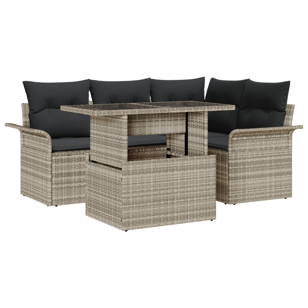 Ensemble de canapés de jardin 5 pièces avec coussins rattan poly gris clair