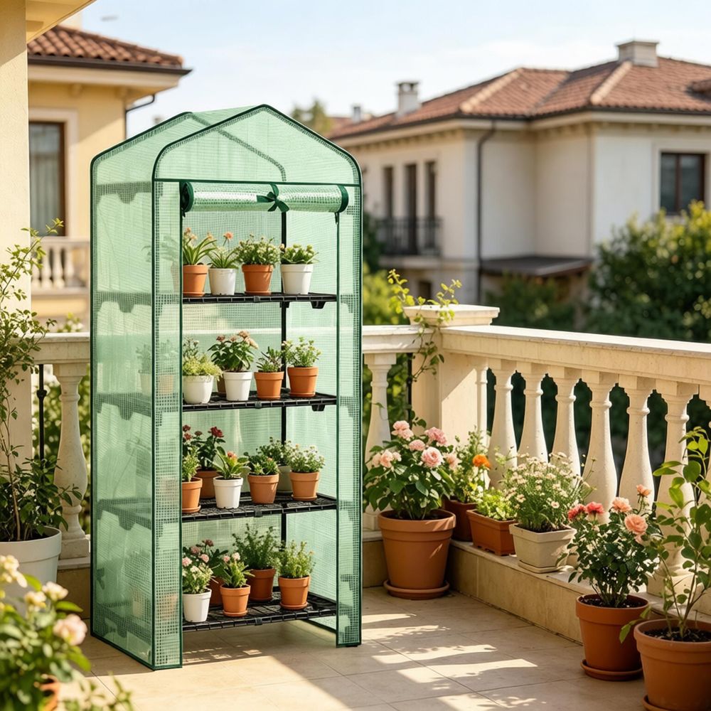 Serre de jardin en pe et acier pour balcon 4 étagères porte enroulable 70 x 50 x 163 cm verte - comfortxl outdoor living