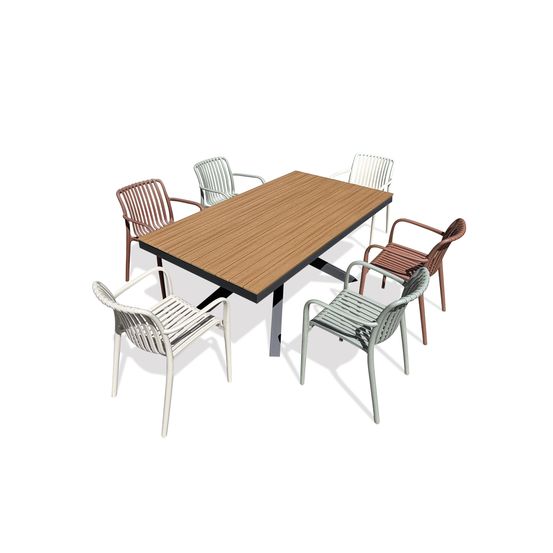 Lot composé d'une table de jardin lamu (180x100 cm) en aluminium et plateau polywood aspect bois