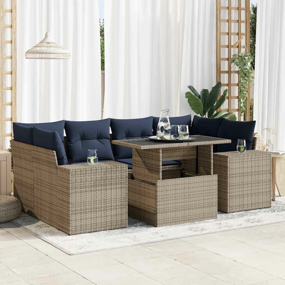 Salon de jardin avec coussins 7 pcs gris résine tressée acacia