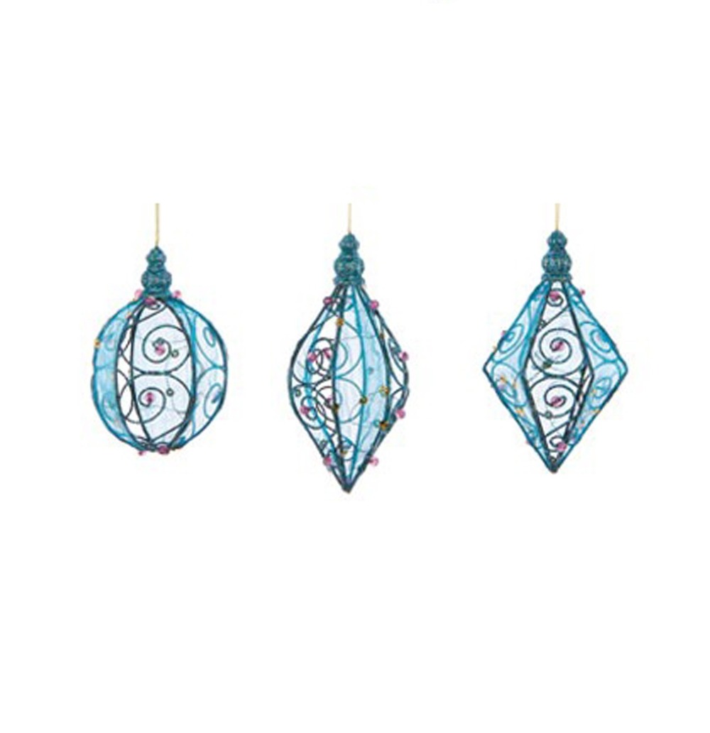 Lot de 3 boules de noël en métal bleu et rose