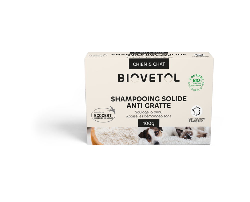 Shampoing solide anti-démangeaisons chien chat bio-certifié ecocert-tous pelages