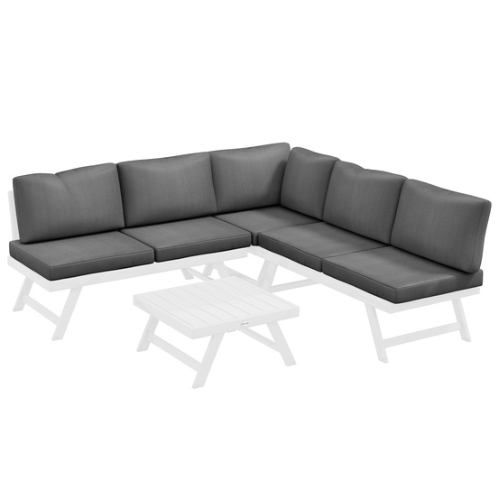 Ensemble jardin 4 pièces : canapé d’angle, canapé double, table basse, coussins gris