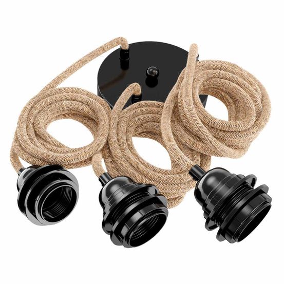 Suspension hang luminaire 3 cordes - chanvre ficelle douilles noires