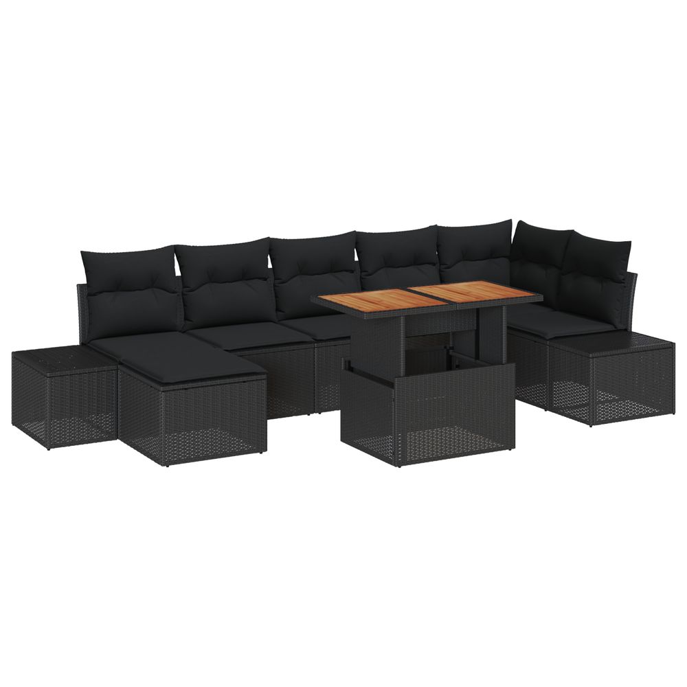 Ensemble de salle à manger de jardin de 8 pièces avec coussins en poly rattan noir et acacia