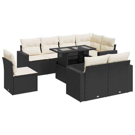 Salon de jardin 9 pcs avec coussins noir résine tressée