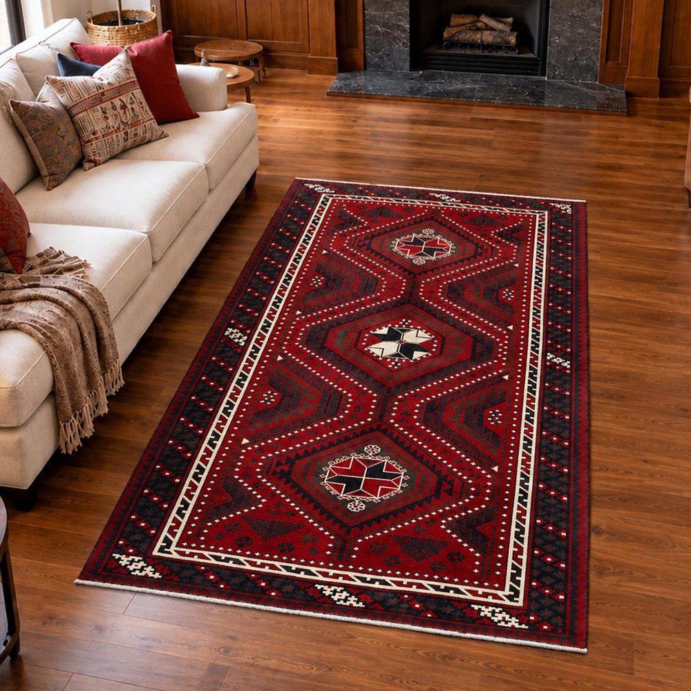 Tapis d'orient 170 x 265 cm, noué main en laine, rouge, crème et noir, lori 5